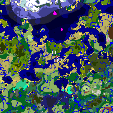 Predicted biome map of Java 26.3 seed -2689230814735275827 around estimated spawn