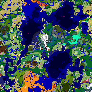 Predicted biome map of Java 26.3 seed 8734880641196438821 around estimated spawn