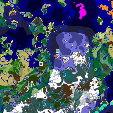 Predicted biome map of Java 26.3 seed -2267589428579725631 around estimated spawn