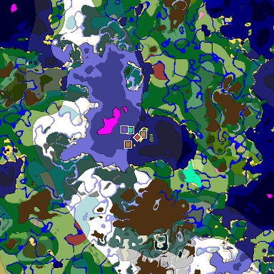 Predicted biome map of Java 26.3 seed 7629463550303099305 around estimated spawn