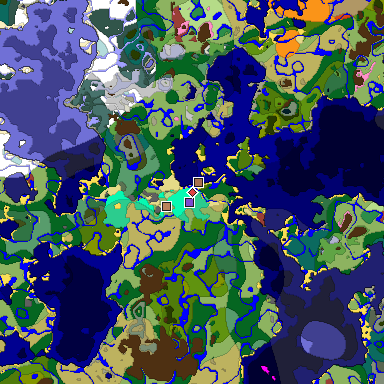 Predicted biome map of Java 26.3 seed 9129693573728378739 around estimated spawn