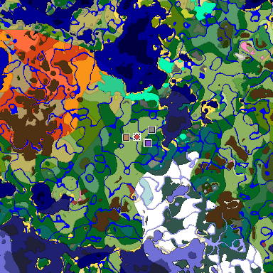 Predicted biome map of Java 26.3 seed 4086159925573879364 around estimated spawn
