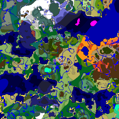 Predicted biome map of Java 26.3 seed 9166502788496966454 around estimated spawn
