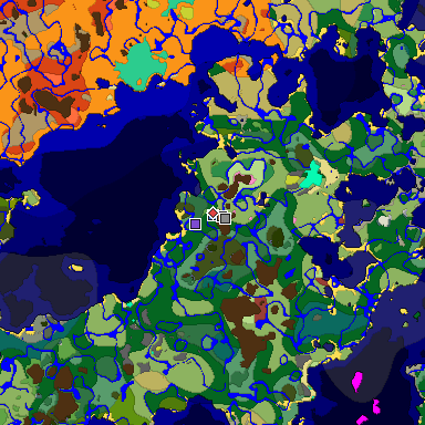 Predicted biome map of Java 26.3 seed -3359343871148916485 around estimated spawn