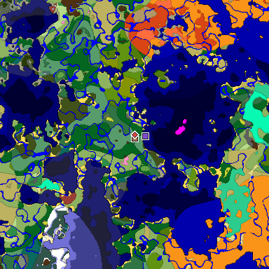 Predicted biome map of Java 26.3 seed -1674407261235500405 around estimated spawn