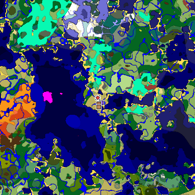 Predicted biome map of Java 26.3 seed 8906509885858375904 around estimated spawn