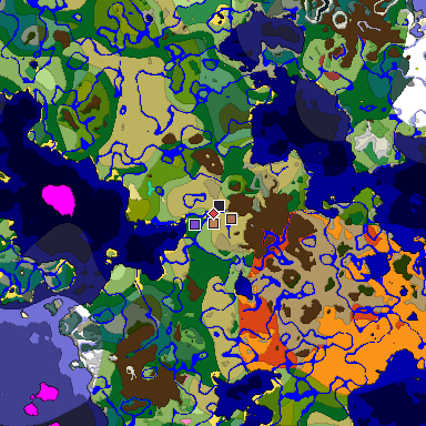 Predicted biome map of Java 26.3 seed 9056463198161568308 around estimated spawn
