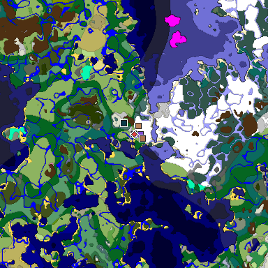 Predicted biome map of Java 26.3 seed 3883262281615627394 around estimated spawn