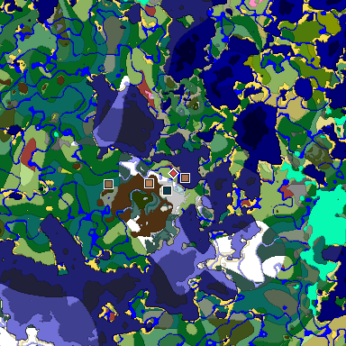 Predicted biome map of Java 26.3 seed 2121897574062436884 around estimated spawn