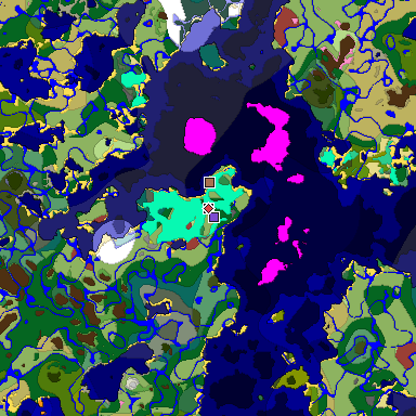 Predicted biome map of Java 26.3 seed 3105456475940607629 around estimated spawn
