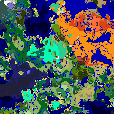 Predicted biome map of Java 26.3 seed -7416794095239472320 around estimated spawn