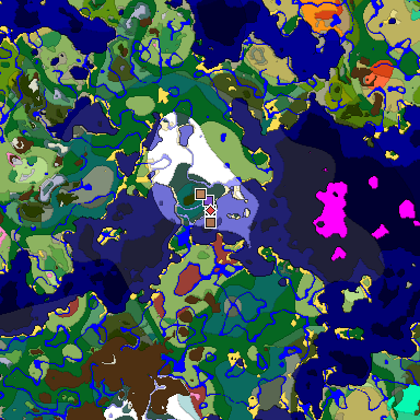 Predicted biome map of Java 26.3 seed 6491870273661444475 around estimated spawn